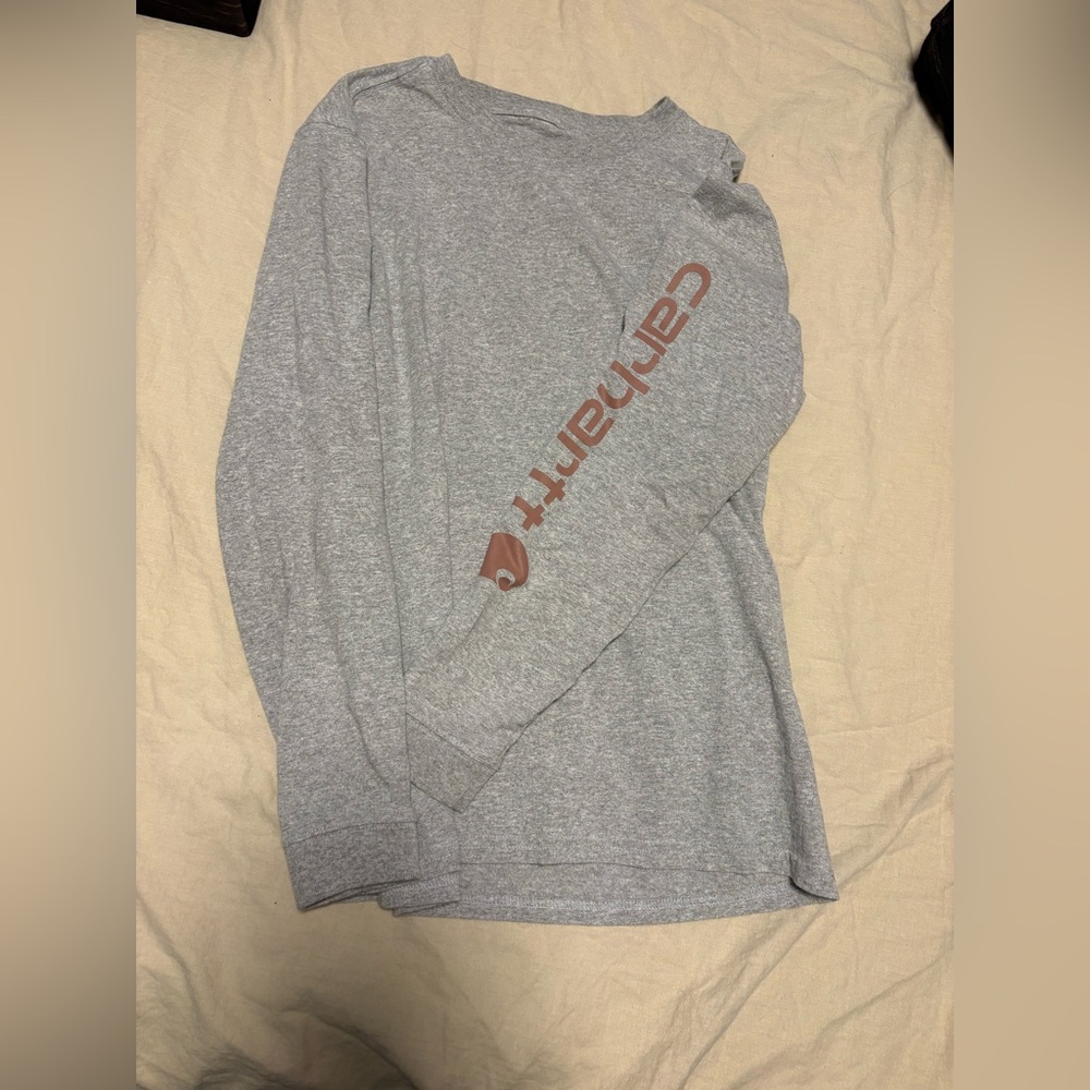 Carhartt Heather Gray Long Sleeve Tee with Brown Sleeve Script